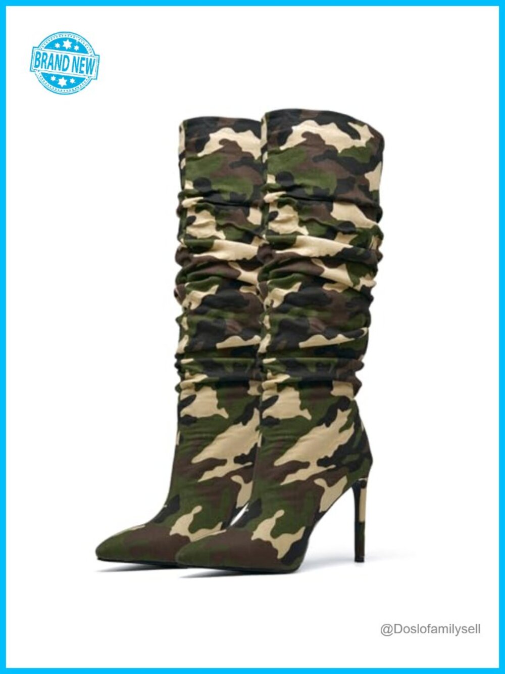 Camo Knee High Boots Pointed Toe Stiletto Slouch Pull-On Tall Dress Shoes